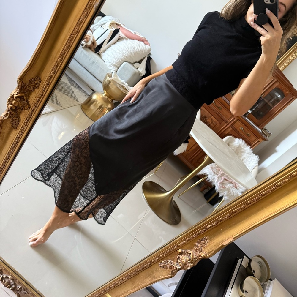 Zara Black Satin Midi Skirt with Lace Panel